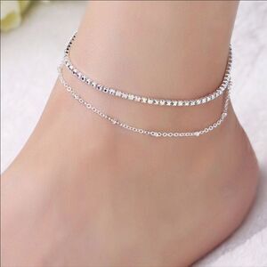 Silver Double Row Rhinestone Adjustable Anklet Bracelet NEW